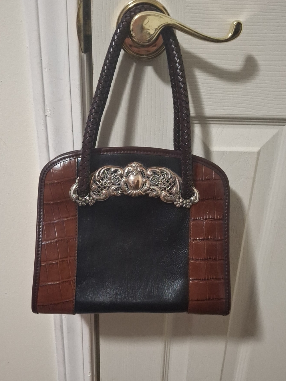 Brighton Two-Tone Black and Brown Leather Satchel with Silver-Tone Ornate Detail
